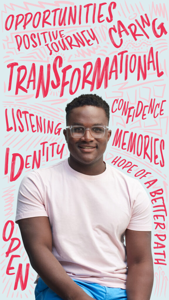Adopted person, Nathanial, sits surrounded by words he used to describe his adoption journey including transformational, caring and opportunities