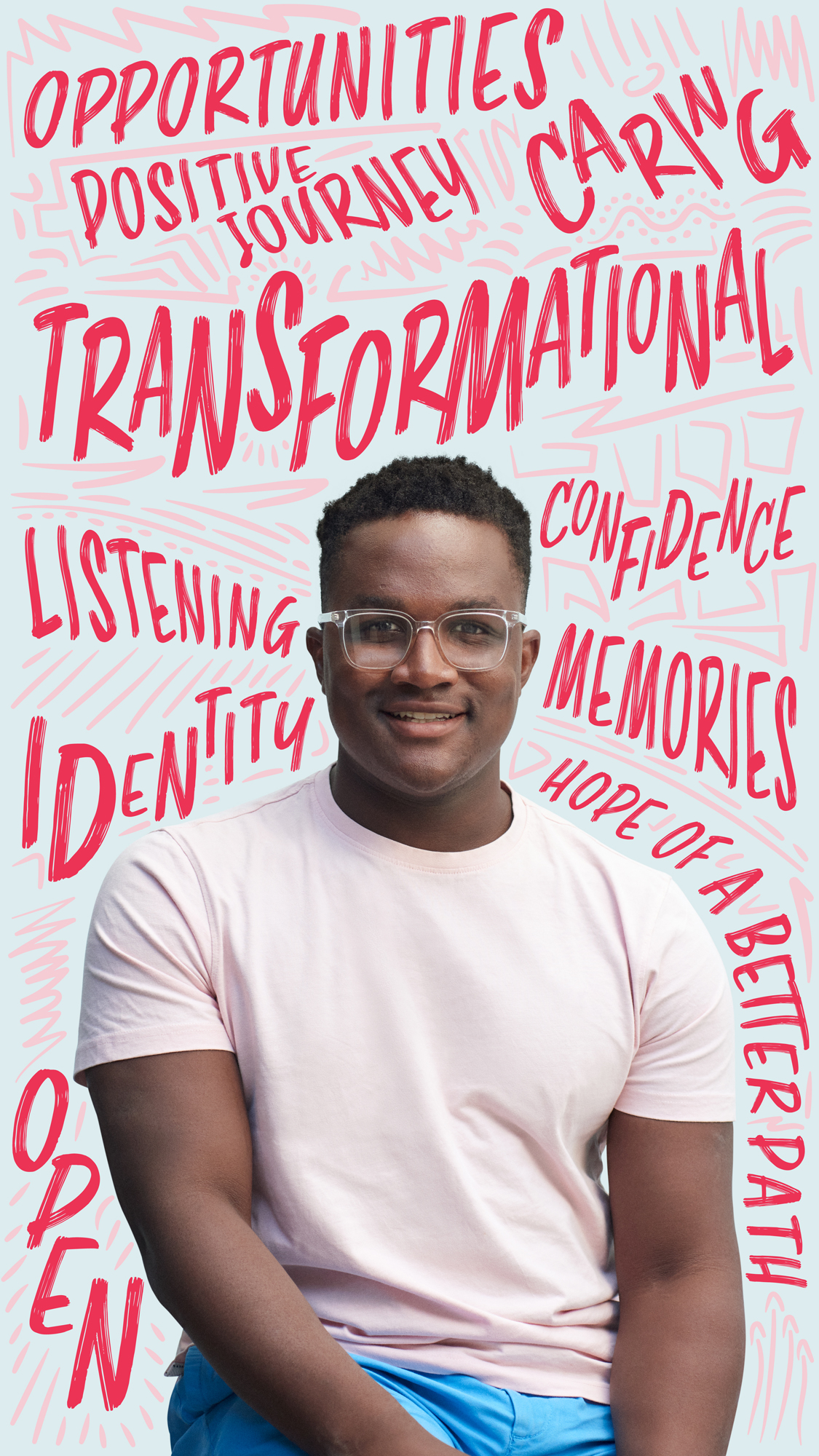 Adopted person, Nathanial, sits surrounded by words he used to describe his adoption journey including transformational, caring and opportunities