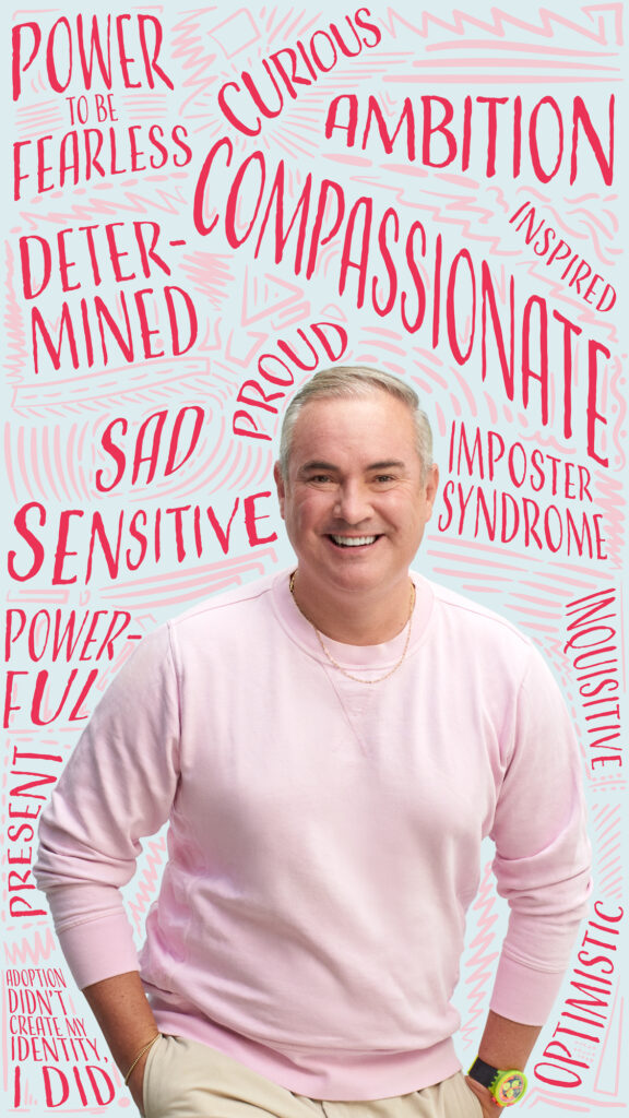 Adopted person, Nick, sits surrounded by words he used to describe his adoption journey including curious, determined and sensitive